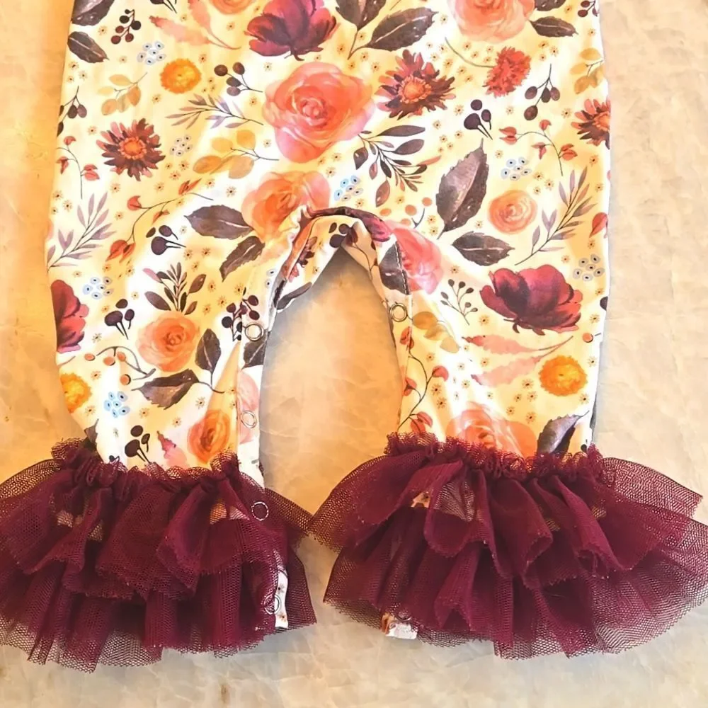 MARIE NICOLE Floral Long Sleeve Baby Romper with Ruffle Details